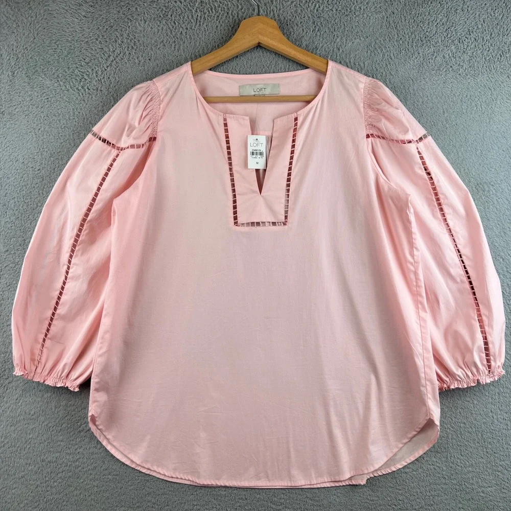 New LOFT Ann Taylor Pink Ladder Lace Split Neck Blouse Top M